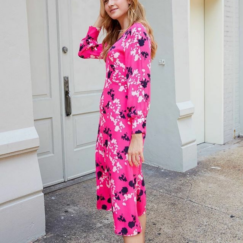 NWT Tanya Taylor Silk Midi Dress Pink Floral Camo Long Sleeve Fit Flare Hot Pink